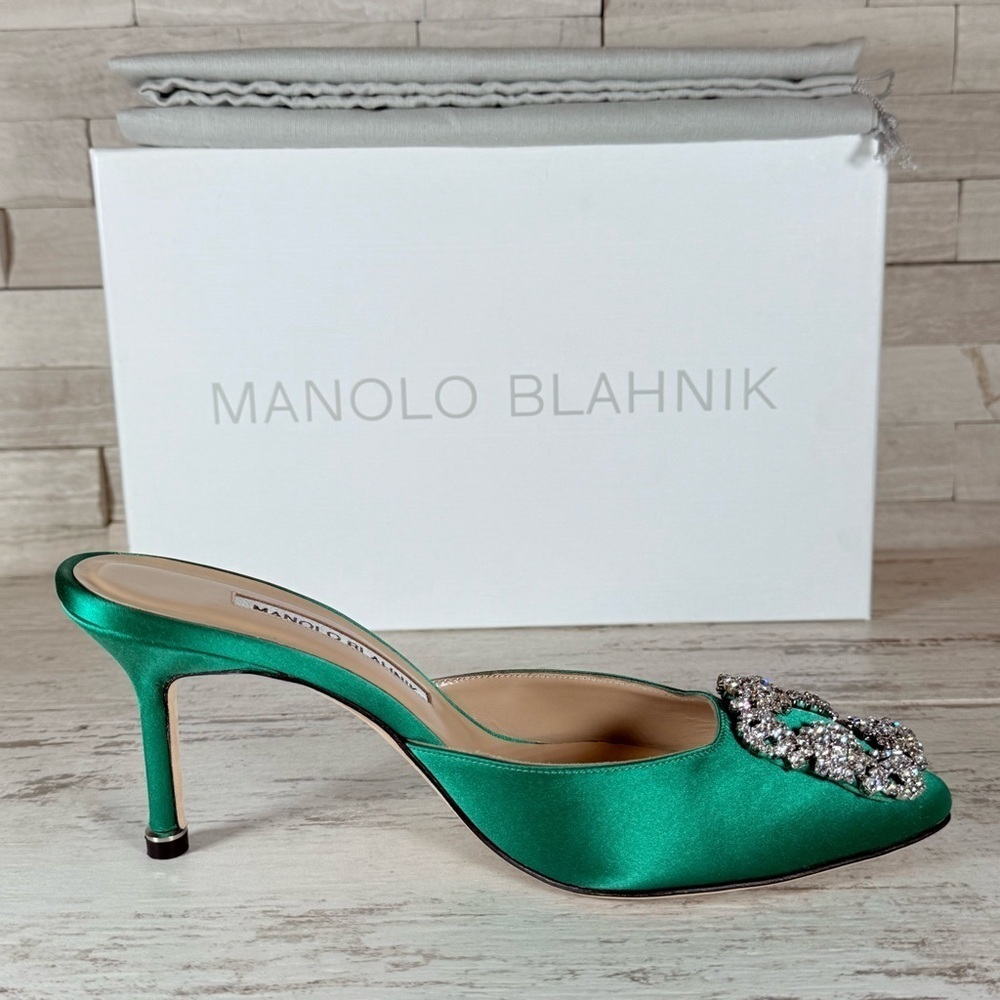 Manolo Blahnik Size 36 Green Hangisi Hangisimu Heeled Mules Satin 70MM NEW - Picture 11 of 16